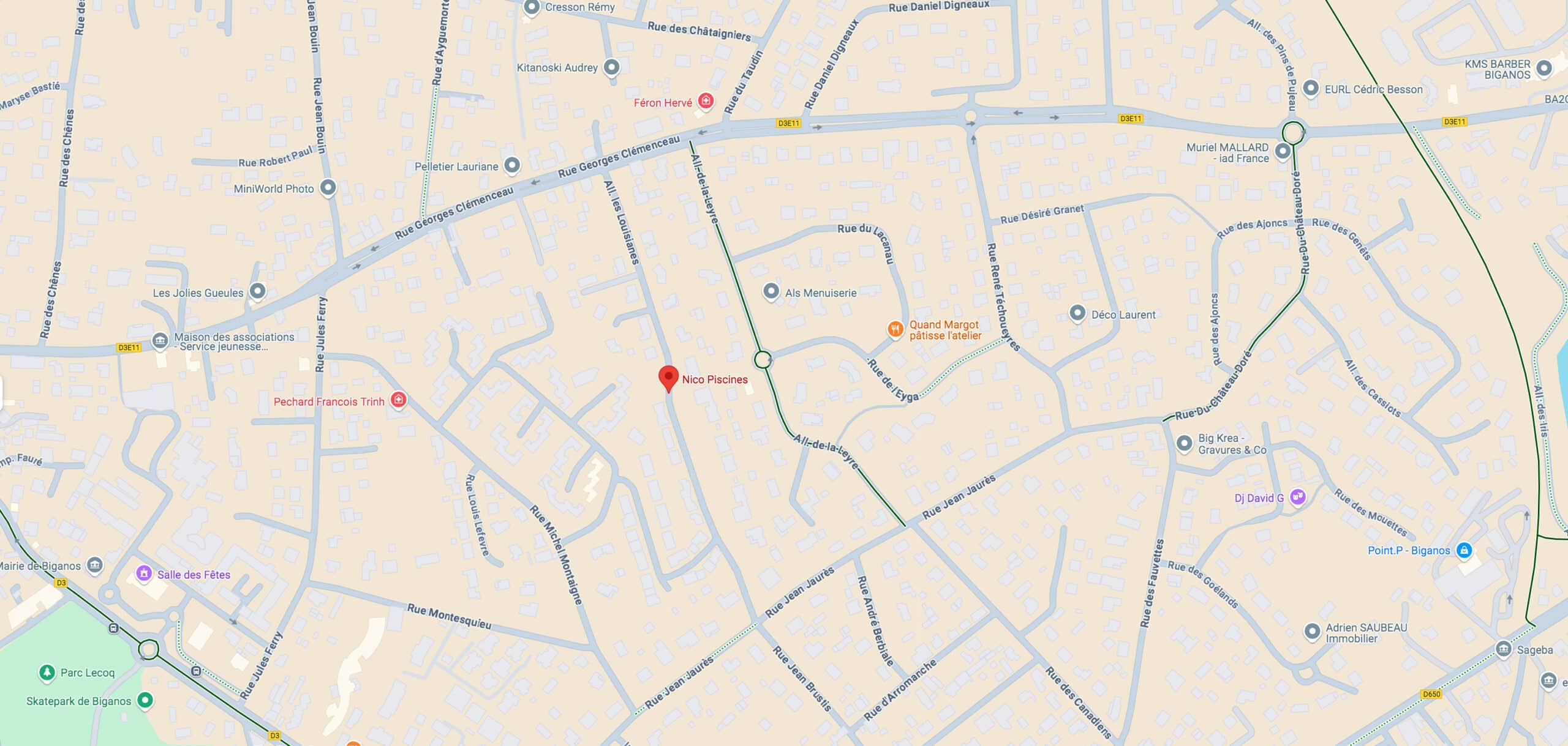 Nico Piscines Biganos: Emplacement sur carte détaillée Carte de Biganos avec la localisation de Nico Piscines (épingle rouge), rues comme Georges Clémenceau, Jean Jaurès, et commerces locaux.